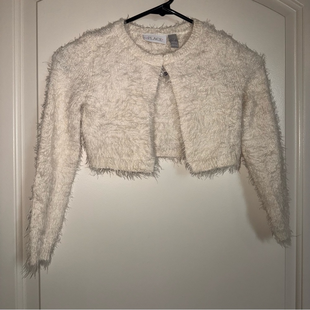 PLACE fuzzy sweater, one top button closure, very soft and cozy layering piece